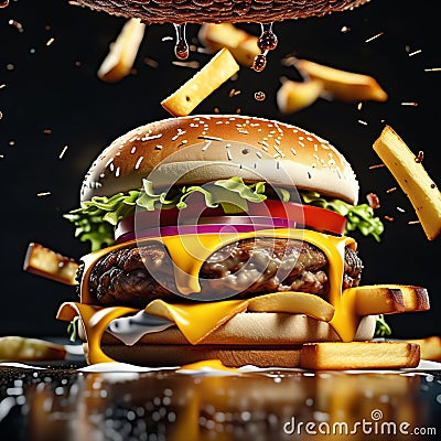 delectable bacon cheeseburger with fries, The juicy, savory beef patty Stock Photo