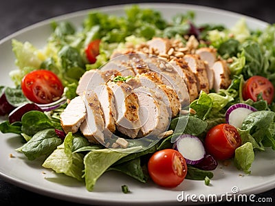 Healthy salad, crisp, vibrant greens, a delightful medley of shredded chicken breast and flaked tuna Stock Photo