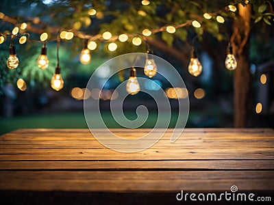 Empty wooden table top with decorative outdoor string lights in the garden at night time Stock Photo