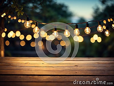 Empty wooden table top with decorative outdoor string lights in the garden at night time Stock Photo