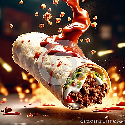 Delicious burrito is a hearty and satisfying meal that is packed with flavor, flour tortilla, salsa Stock Photo