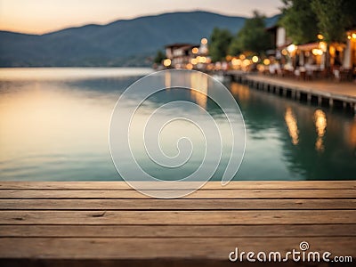 Empty wooden table top with blurred lakeside cafe on gorgeous lake, product display Stock Photo