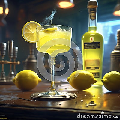 Homemade Limoncello spritz drink of liqueur, sparkling wine and lemon in cocktail glass Stock Photo