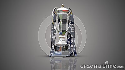 Rugby six nations 2024 trophy with six nations logo on Gary background , six nations, 3d rendering illustrator image Editorial Stock Photo