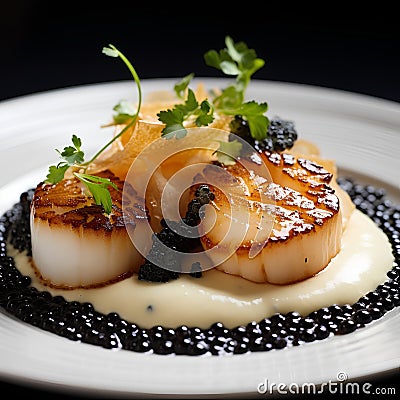 Fine dining seared scallops with sauce and on top with caviar, food photography Stock Photo