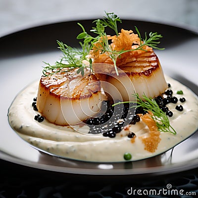 Fine dining seared scallops with sauce and on top with caviar, food photography Stock Photo