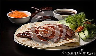 Delicious Chinese Peking Duck, classic roasted duck dish from Beijing Stock Photo