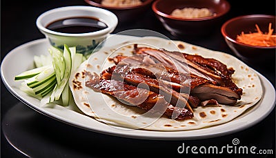 Delicious Chinese Peking Duck, classic roasted duck dish from Beijing Stock Photo