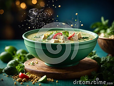 Delicious Thai green curry soup, vibrant blend of fresh green chilies, garlic, shallots Stock Photo