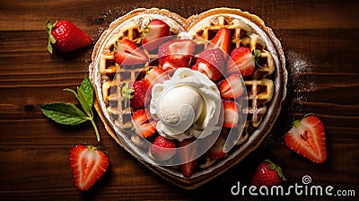 A heart shaped waffle with strawberries and whipped cream. Generative AI. Stock Photo