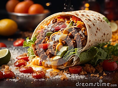 Delicious burrito is a hearty and satisfying meal that is packed with flavor, flour tortilla Stock Photo