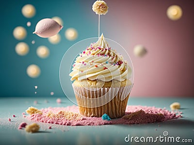 Delicious vanilla cupcake, whispered snow, swirl of creamy white frosting graces the top Stock Photo