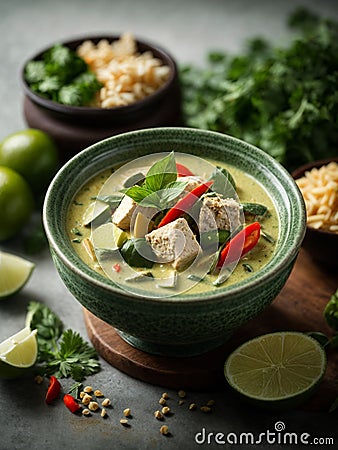 Thai green curry with chicken, canned coconut milk, fresh herbs, and lime Stock Photo