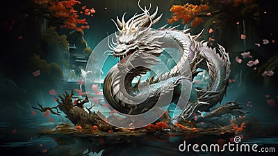 Dragon statue in the water. 3D illustration. Computer generated. Stock Photo