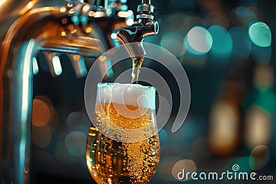 Pouring a draught beer at beer tap in glass serving in a night life background. Stock Photo