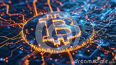Glowing bitcoin symbol on dark background. Cryptocurrency and finance concept. 3D Rendering. Stock Photo