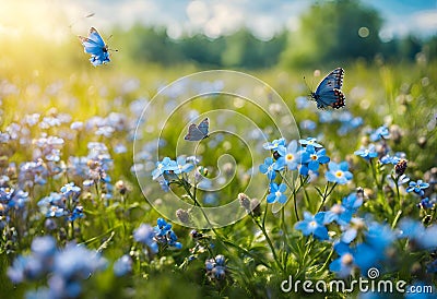 Beautiful summer or spring meadow with blue flowers of forget-me-nots and flying butterflies. Wild nature landscape Stock Photo
