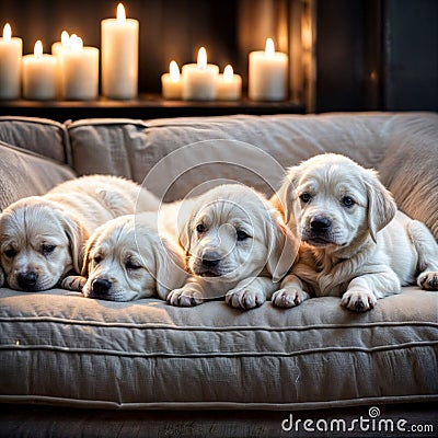 Labrador puppies lie on a sofa Stock Photo