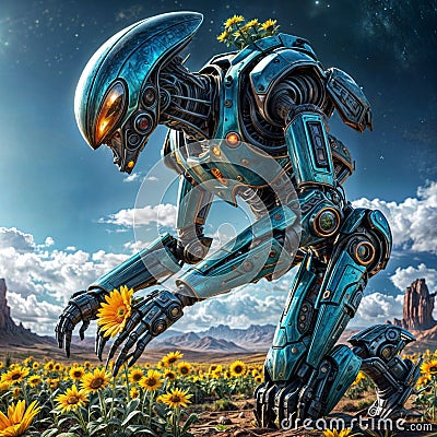 Robot kneels in a clearing with blooming flowers of fantasy worlds. Stock Photo