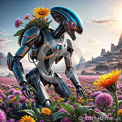 Fantasy robot kneels in a clearing with blooming flowers . Stock Photo