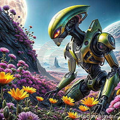Robot kneels in a clearing with blooming flowers . Stock Photo