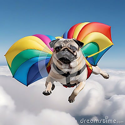 Cute pug letin dog on blue sky with clouds. Stock Photo