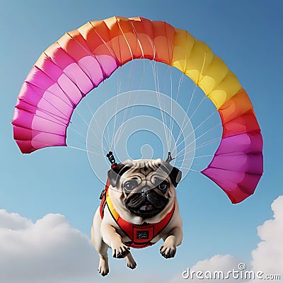Cute pug letin dog on a bright colored parachute Stock Photo