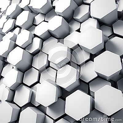 Abstract white hexagons honeycomb 3D chaotically arranged Stock Photo