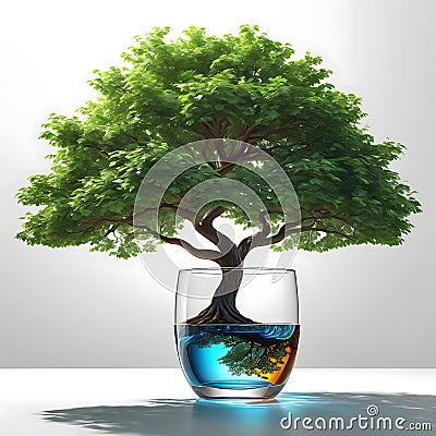 A large tree grows in a glass beaker in water Stock Photo