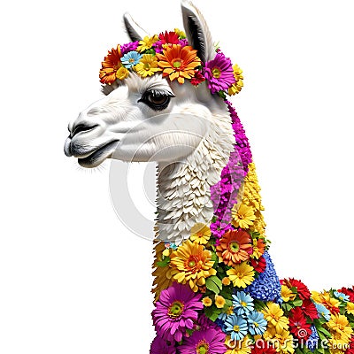 Cute funny white lamma in fresh flowers Stock Photo