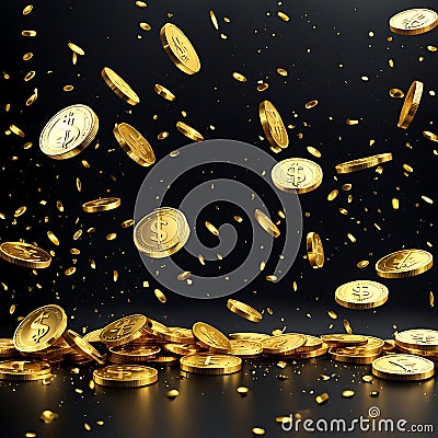 Gold coins with the image of a dollar sign are chaotically pouring Stock Photo
