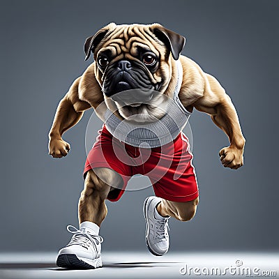 Brutal muscular pug dog in red shorts and white sneakers Stock Photo