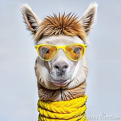 Cute funny animal Lamma, alpaca in yellow sun glasses Stock Photo