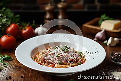 A plate of Spaghetti Bolognese with ingredient and seasoning. Stock Photo