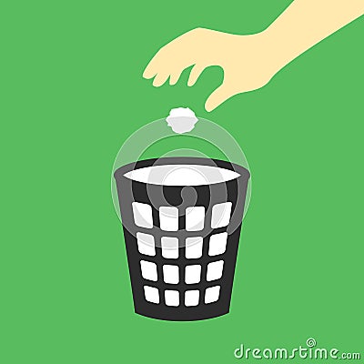 Hand throwing paper in trash bin Vector Illustration