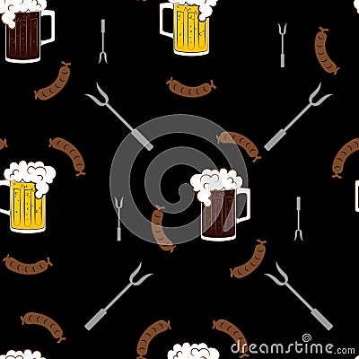 Oktoberfest beer mugs and bratwurst seamless pattern Vector Illustration