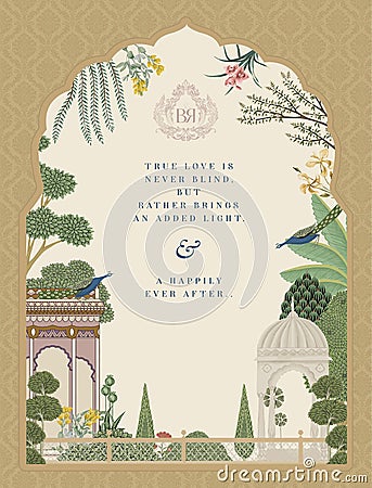 Traditional Indian Mughal Wedding Card Design. Invitation card for printing vector illustration. Vector Illustration