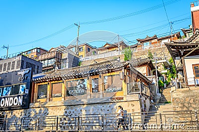 Untitled tourists and many stores at Samcheong street on Ju Editorial Stock Photo