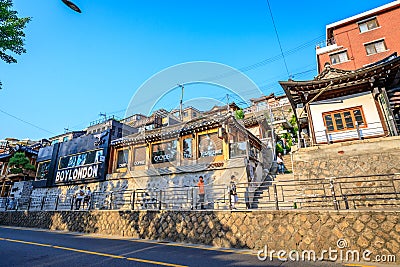 Untitled tourists and many stores at Samcheong street on Ju Editorial Stock Photo