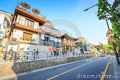 Untitled tourists and many stores at Samcheong street on Ju Editorial Stock Photo