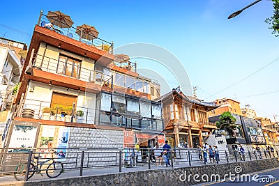 Untitled tourists and many stores at Samcheong street on Ju Editorial Stock Photo