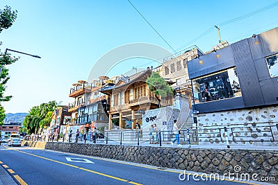 Untitled tourists and many stores at Samcheong street on Ju Editorial Stock Photo