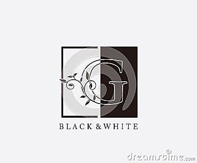 Vintage G Letter Leaves Logo. Black and White G With Classy Leaves Shape design. Stock Photo