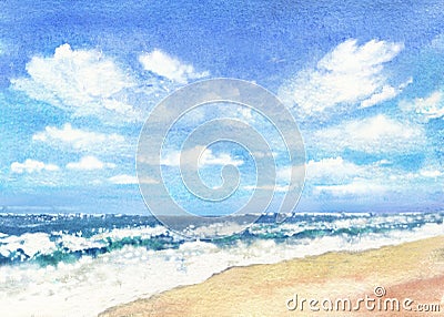 Untouched tropical beach with waves , sky with white puffy clouds. Watercolor hand drawn illustration Cartoon Illustration