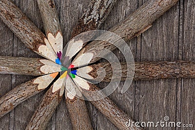 untreated wood crayons with tree bark on a wooden board in a circle with many different colors like yellow, blue and red for Stock Photo