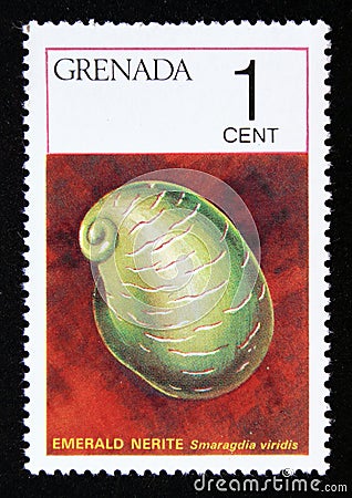 Unused post stamp Grenada 1975, Emerald Nerite, Smaragdia viridis Editorial Stock Photo