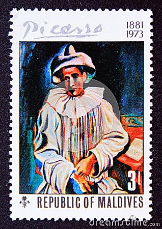 Unused post stamp Maldives 1974, Pierrot Sitting painting Picasso Editorial Stock Photo
