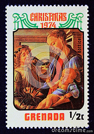 Unused postage stamp Grenada 1974, Botticelli christmas painting Editorial Stock Photo