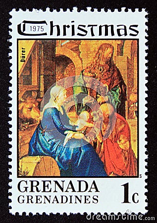 Unused postage stamp Grenada Grenadine 1975, Holy Family painting, by Albrecht DÃ¼rer Editorial Stock Photo