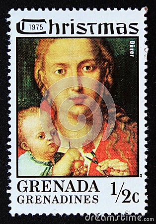 Unused postage stamp Grenada Grenadine 1975, Virgin Madonna with child painting, by Albrecht DÃ¼rer Editorial Stock Photo